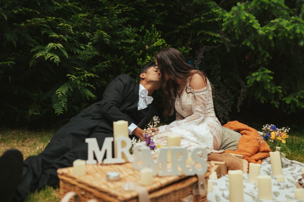 Couple sharing an intimate picnic celebration after their Artist Point elopement.
