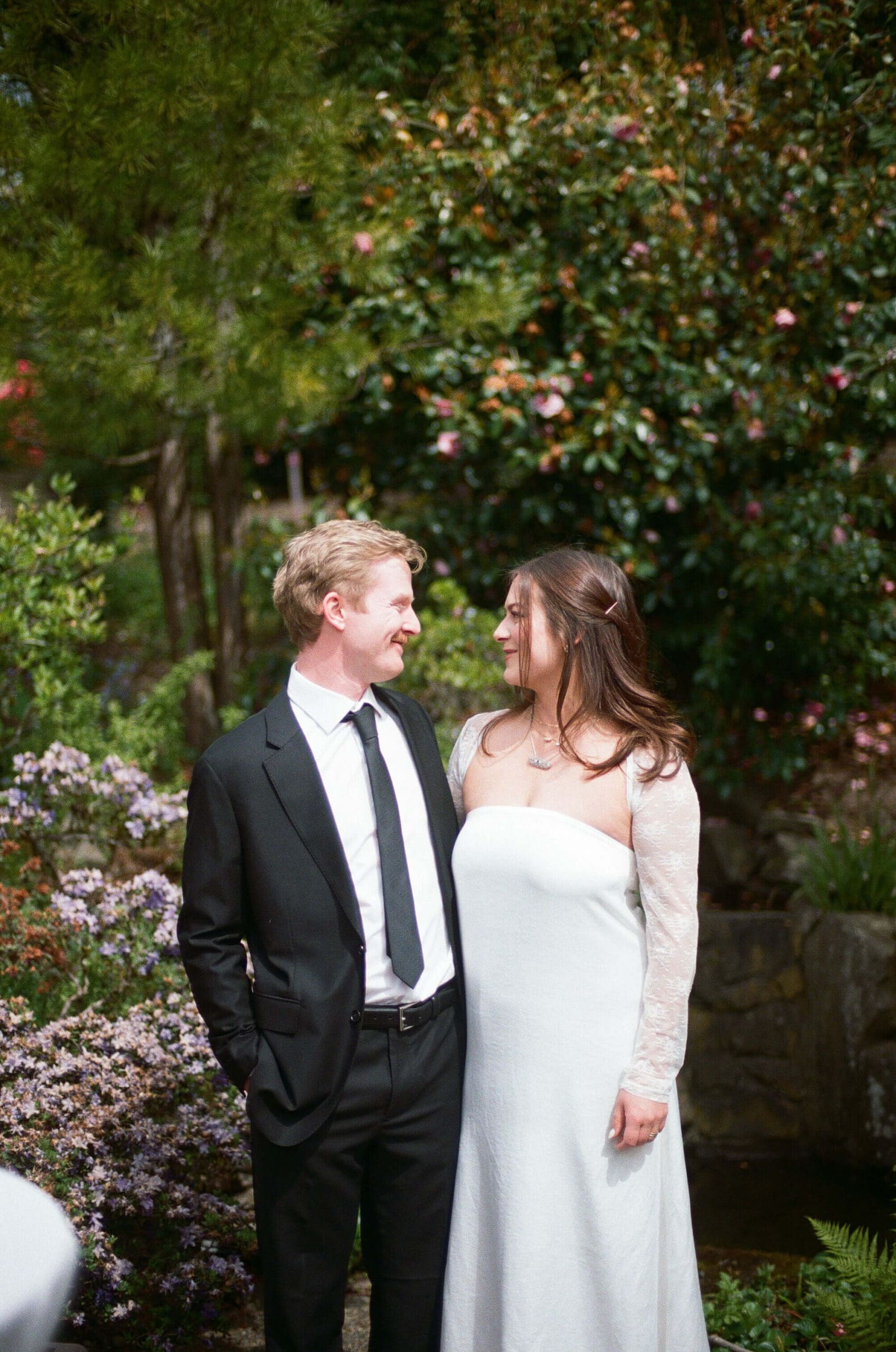 Color film wedding portrait at a backyard wedding in Shoreline Washington showing natural, documentary-style film photography.